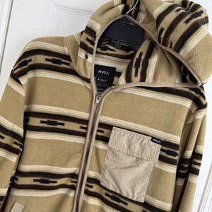 RVCA SHERPA FLEECE HAWTHORNE ZIP UP HOODIE JACKET‎ AZTEC STRIPED MENS M Brown